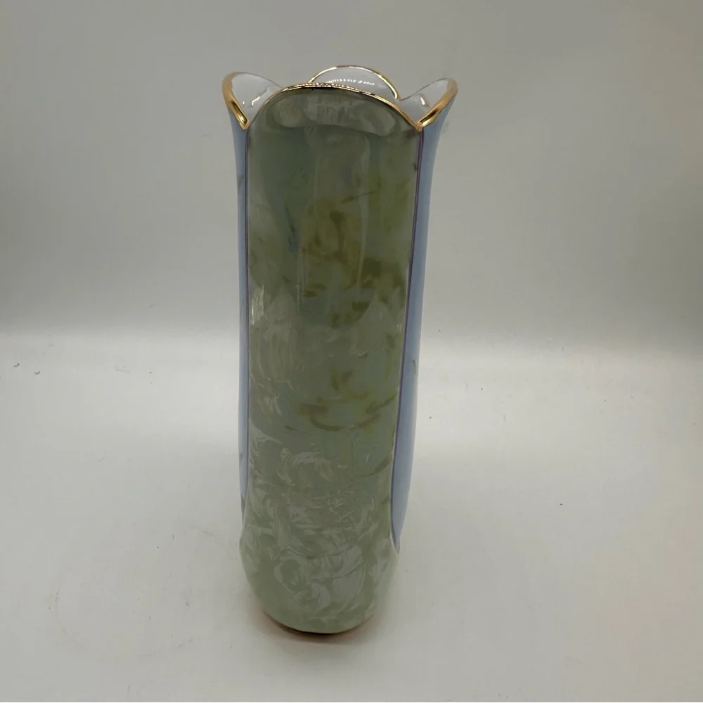 Helen Rose Vintage Iris Floral Elegant Vase with Gold Accents Gold Rimmed Edge